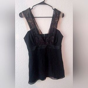 BCBG Y2K Silk Blouse Babydoll Sheer Buttons Small MaxAzria Black Lace Blouse.